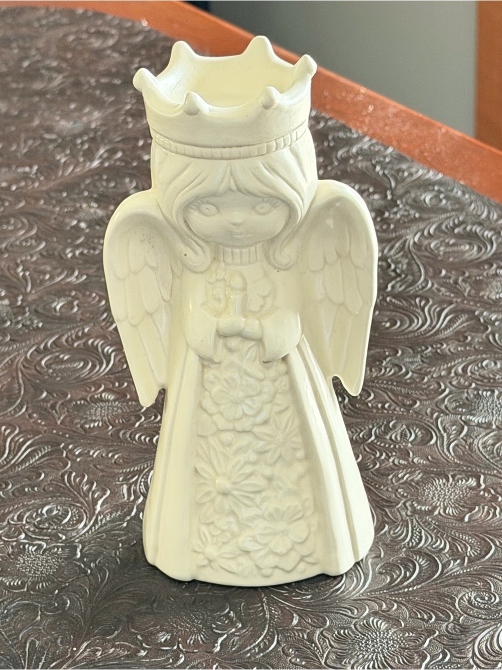 White Ceramic Angel Figurine Crowned candle holder.  1970s Christmas